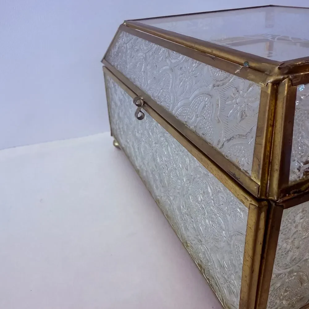 Vintage Brass Glass Box Mirror Floral Textured Side Footed Chain Latch 7 x 6 x 4